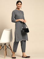Sangria Women Charcoal Grey Pure Cotton Solid Kurta with Cropped Trousers