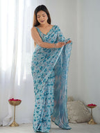 Designer Partywear Georgette Morpich Blue Saree Fancy - Durga