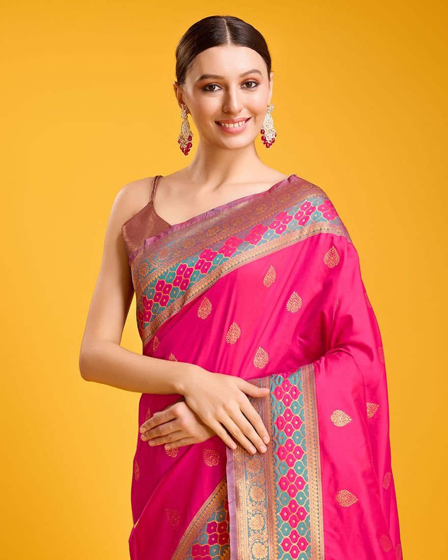 Monjolika Fashion Rani Pink Banarasi Rich Zari Woven Weave For Opulent Charm Silk Saree - Distacart