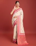 Monjolika Fashion Cream Color Banarasi Rich Zari Woven Weave For Opulent Charm Silk Saree