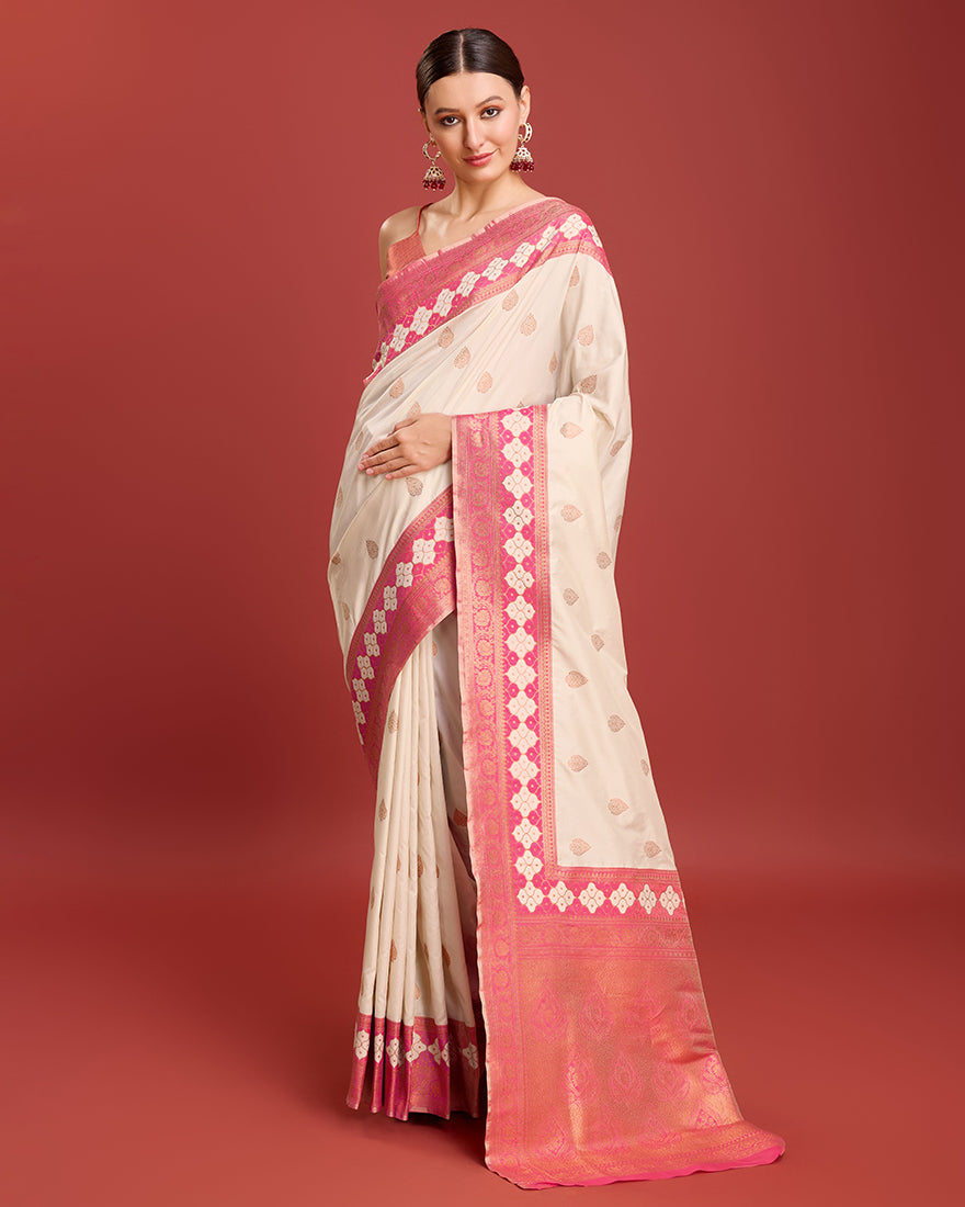 Monjolika Fashion Cream Color Banarasi Rich Zari Woven Weave For Opulent Charm Silk Saree