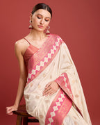 Monjolika Fashion Cream Color Banarasi Rich Zari Woven Weave For Opulent Charm Silk Saree
