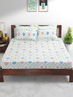 Chumbak White & Blue Ethnic Motifs 136 TC Cotton 1 Queen Bedsheet with 2 Pillow Covers