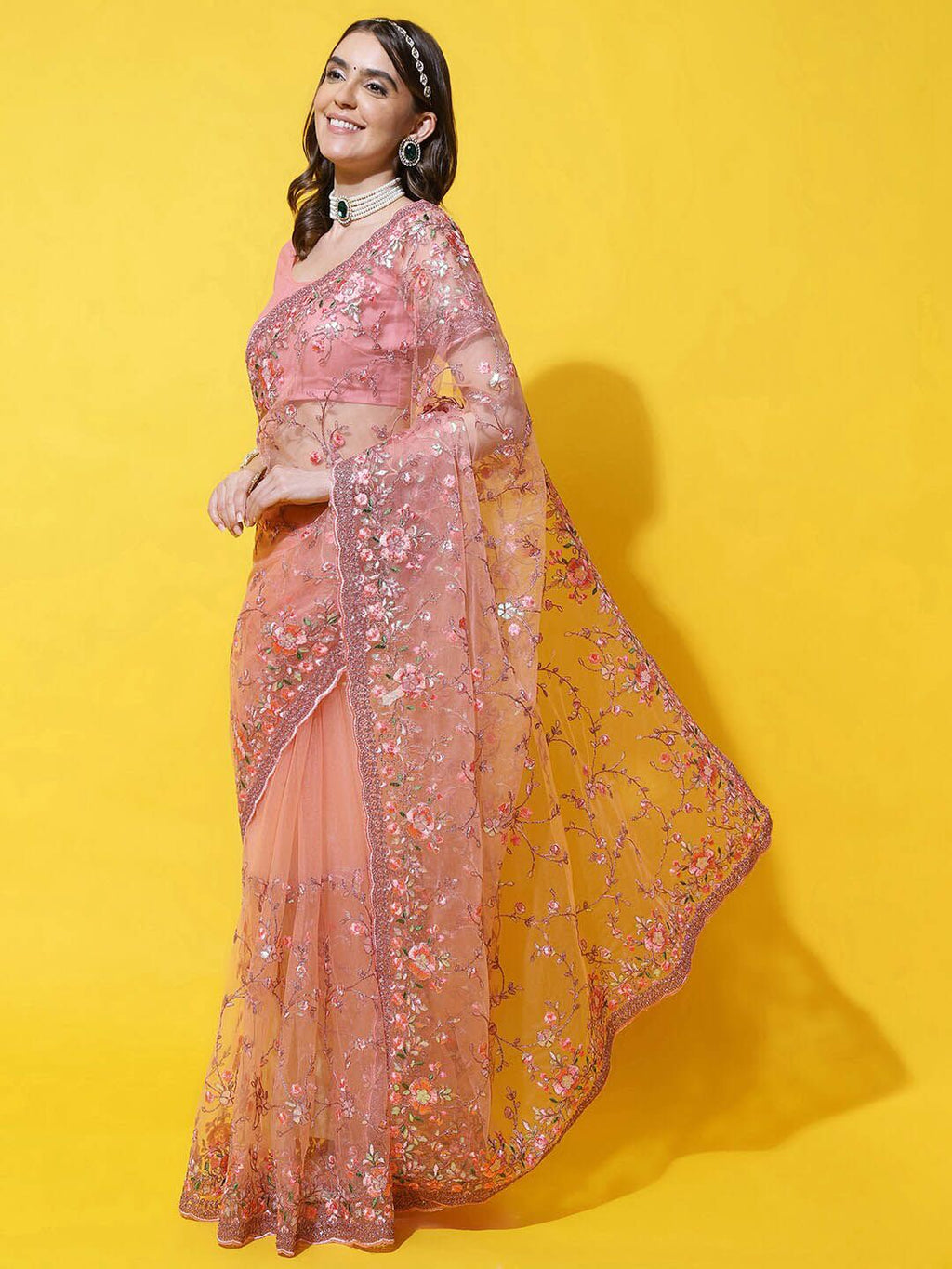 kasee Floral Embroidered Net Saree - Distacart