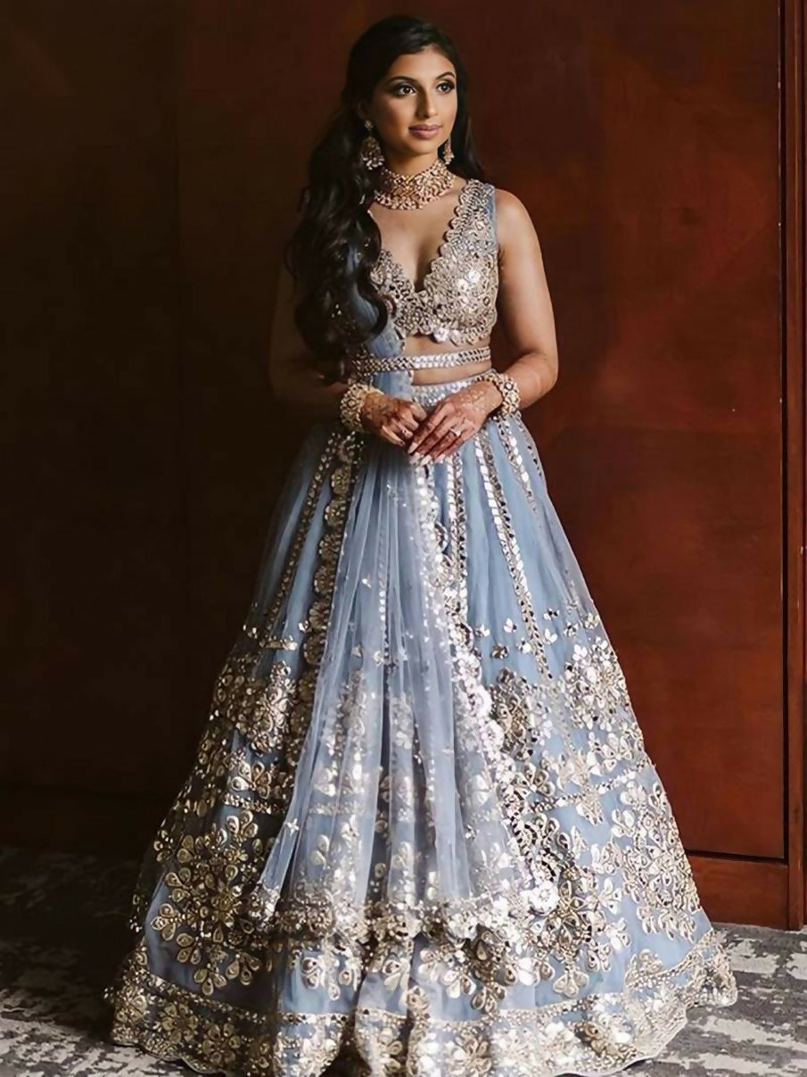 Jyoti Fashion Glamorous Grey Zari With Paper Mirror Embroidered Net Lehenga Choli with Dupatta