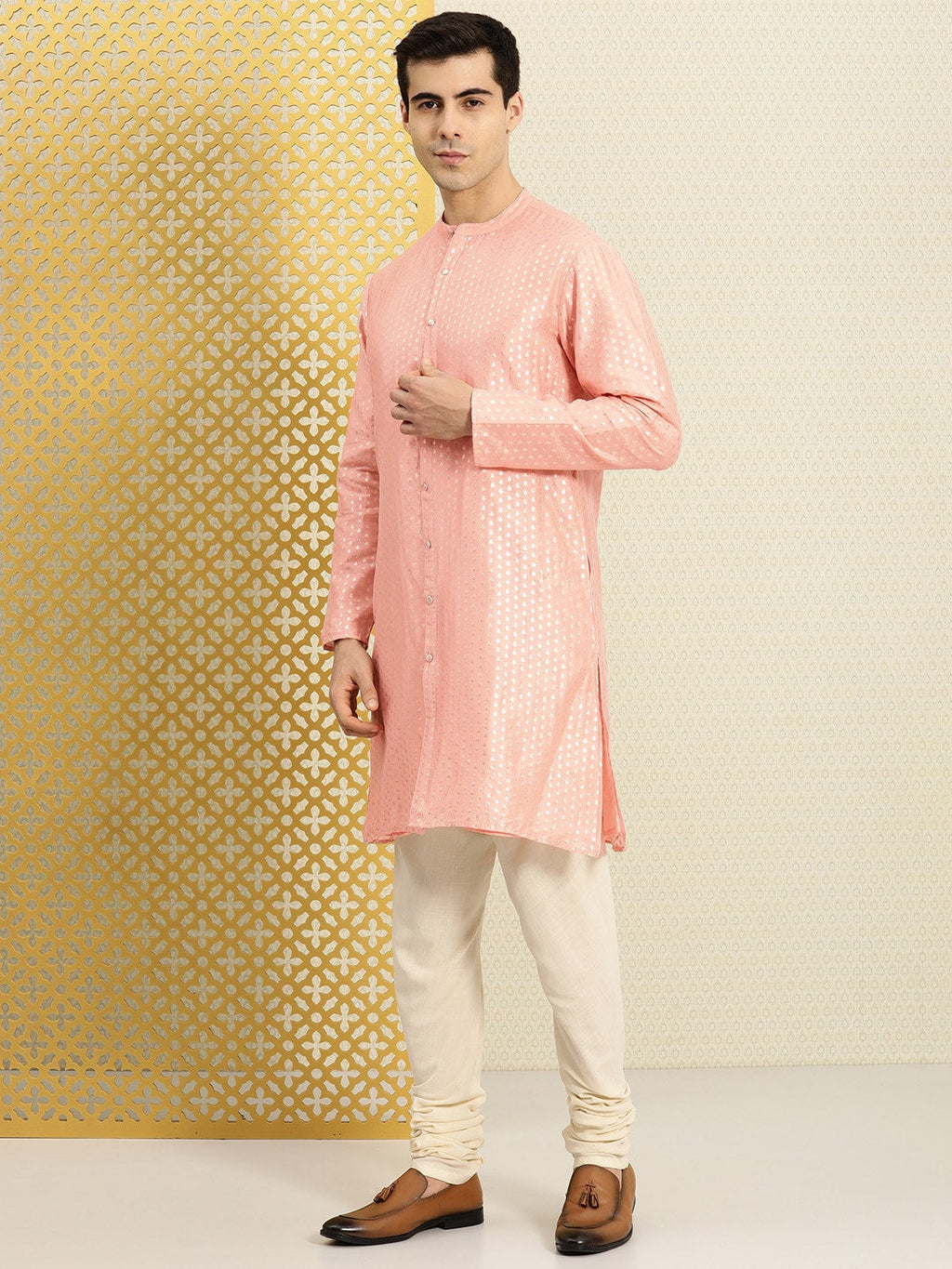 House of Pataudi Men Peach-Coloured Ethnic Motifs Printed Kurta