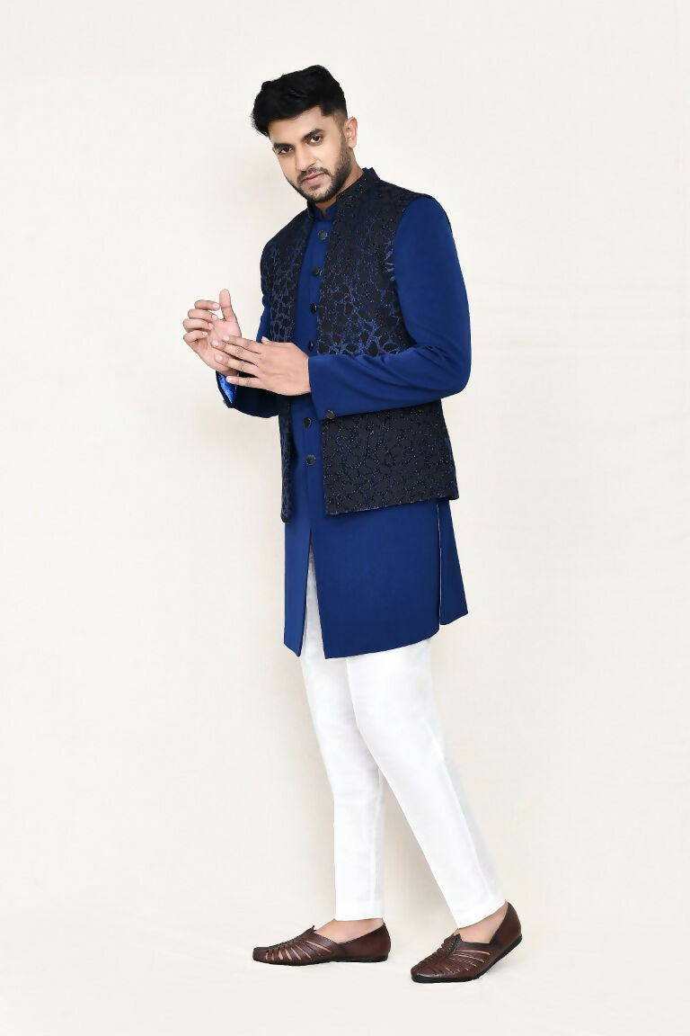 Joban Fashion Blue Colored Imported Jacquard Fabric Open Jacket, Indo Western With Straight Fit Pant