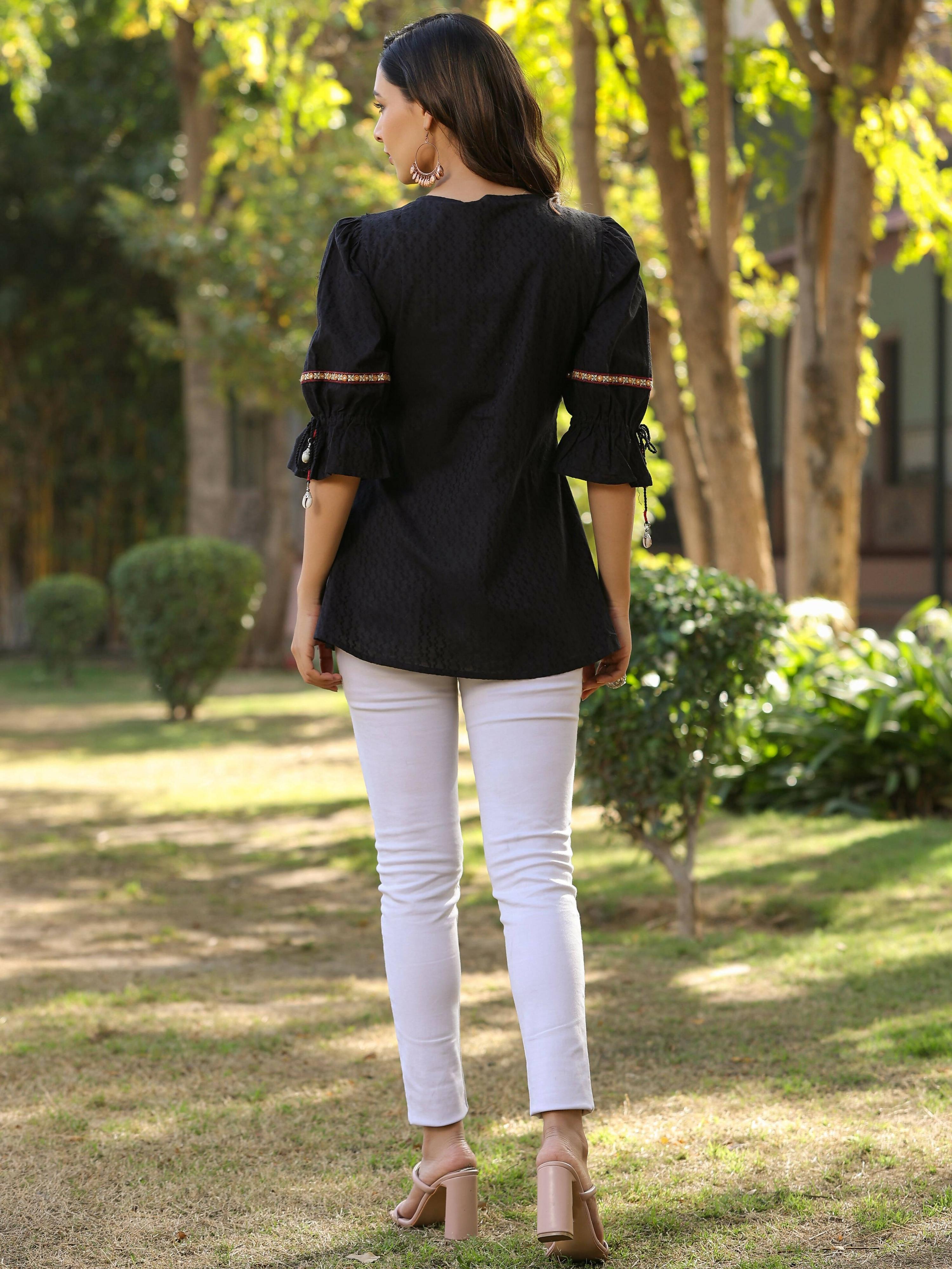 Juniper Women's Black Cotton Solid With Embroidered Straight Tunic - Distacart