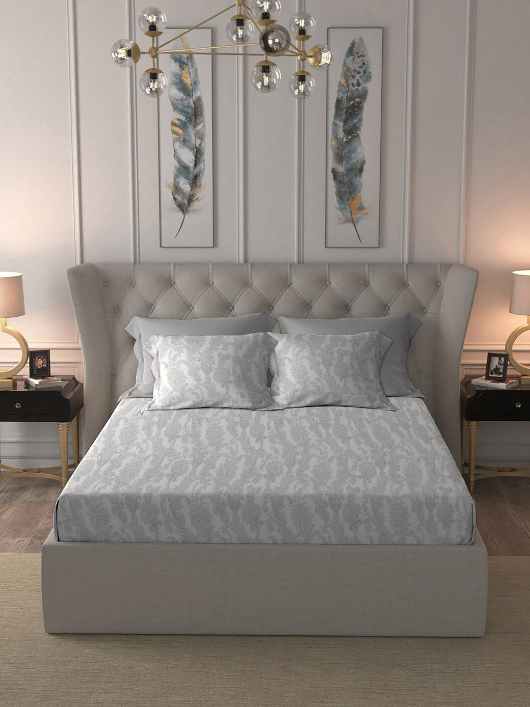 MYTRIDENT Nectarsoft Grey White Pure Cotton 400 TC King Bedsheet with 4 Pillow Covers