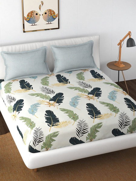 Florida Reeva Off White & Green Floral 180 TC Fitted King Bedsheet With 2 Pillow Covers
