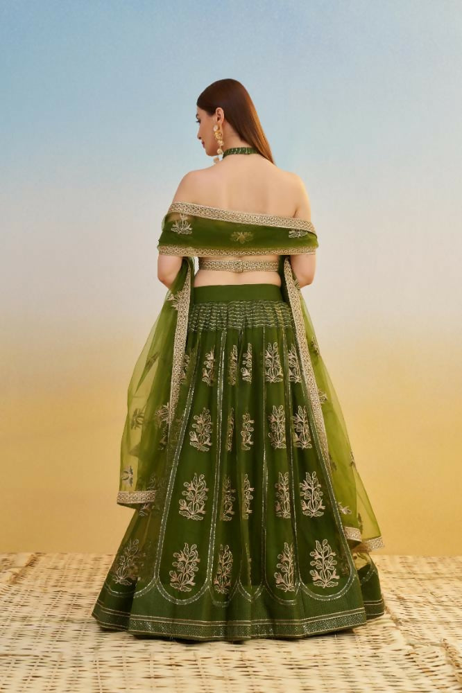 Aastha Fashion Mehandi Green Butterfly Net Tone To Tone Cotton Thread Work And Sequence Work Embroidery Wedding Wear Lehenga Choli