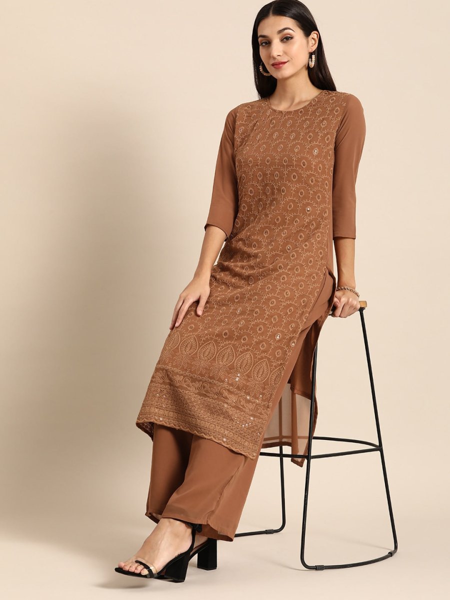 All About You Women Brown Ethnic Motifs Embroidered Chikankari Kurta with Palazzos