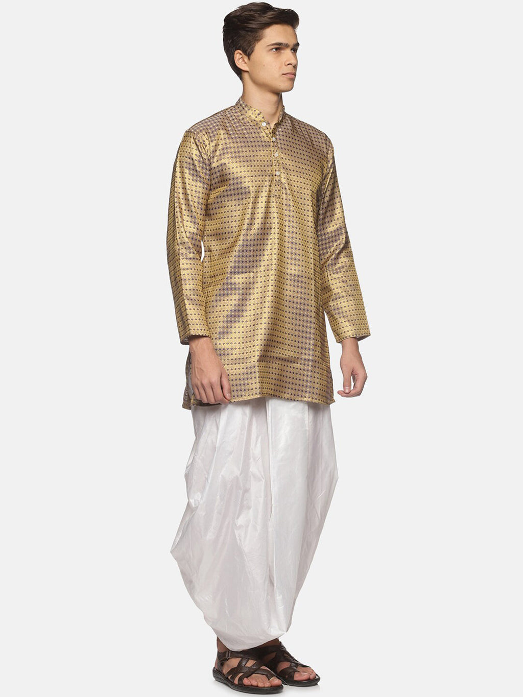 Sethukrishna Men Gold-Toned Bandhani Printed Art Silk Kurta with Dhoti Pants - Distacart