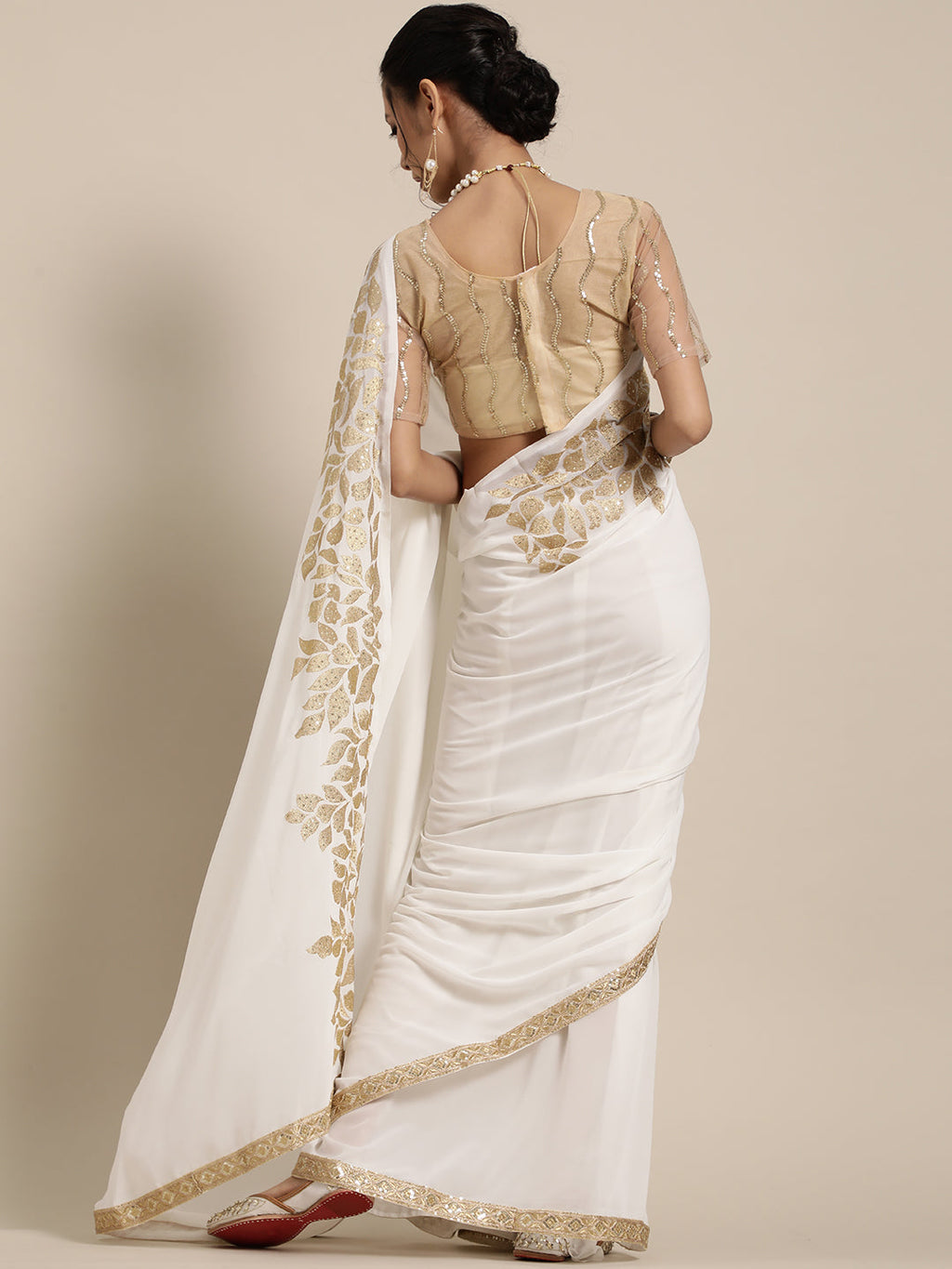 Saree Mall White & Golden Floral Muga Saree - Distacart