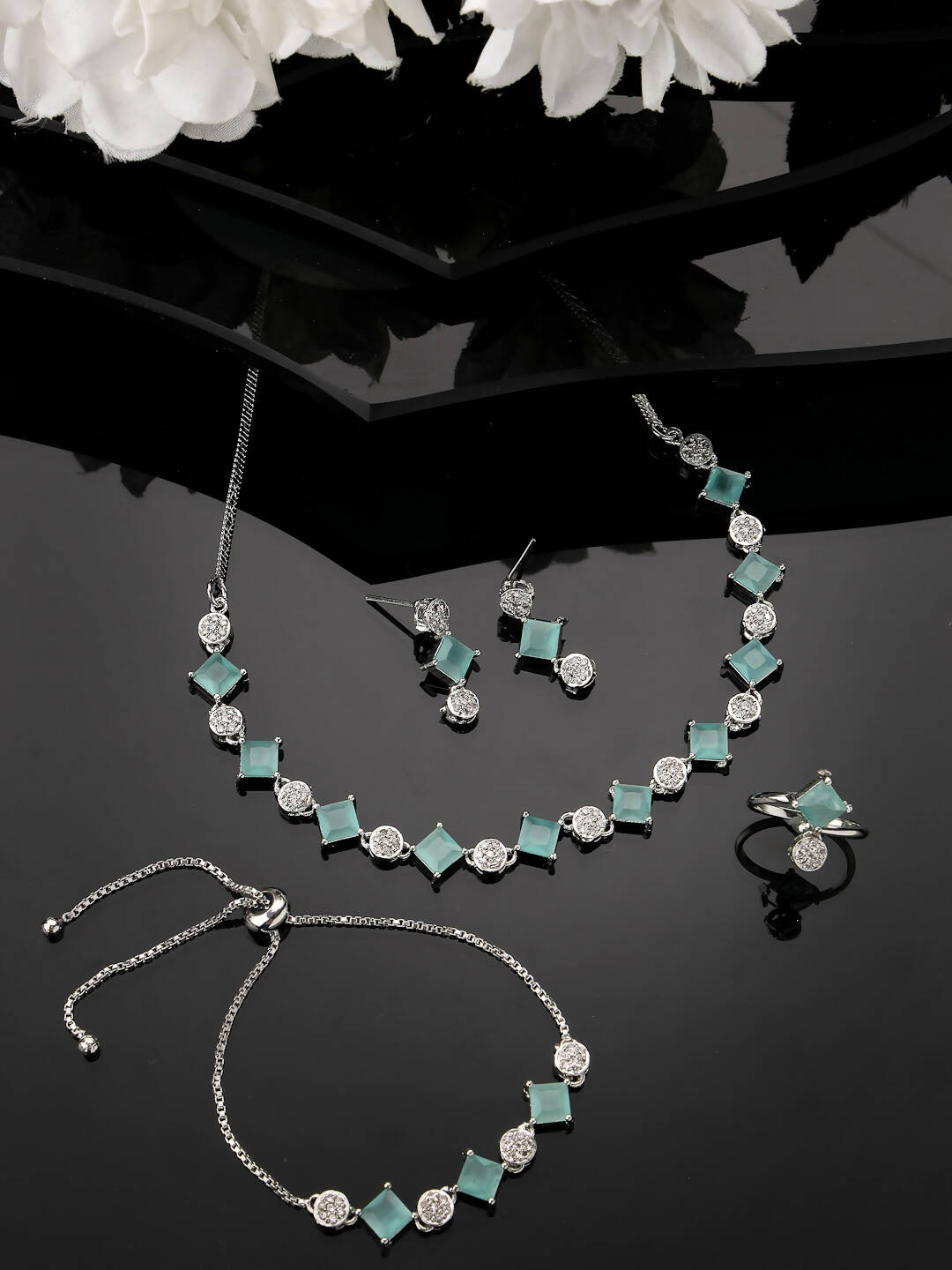 NVR Women Silver Plated & Blue Cz Stone Handcrafted Jewellery Set