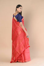 Very Much Indian Handloom Cotton Silk Maheshwari Saree With Sleek Golden Border - Red