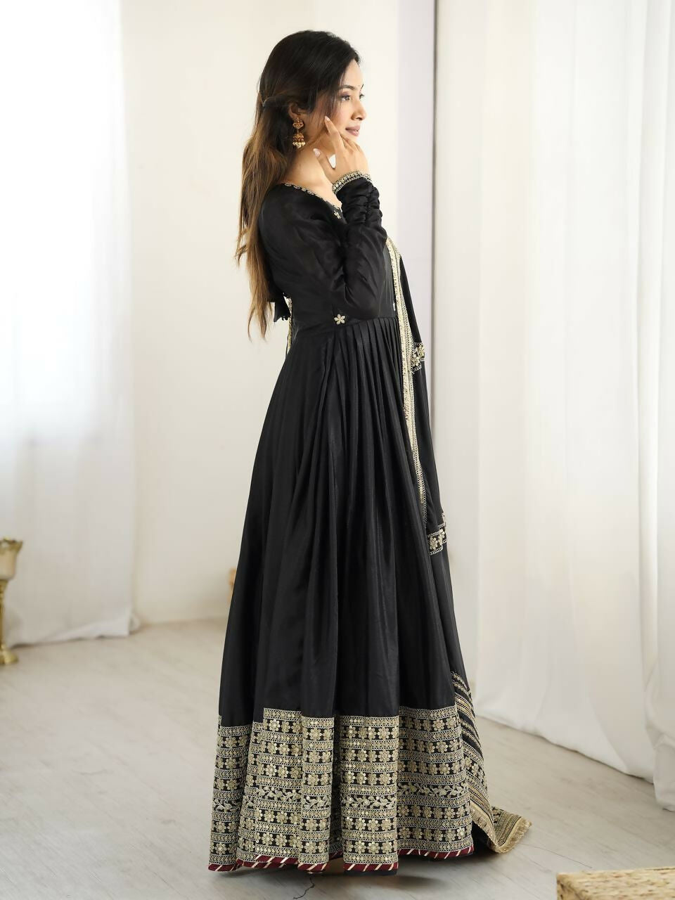 The52 Women's Gorgeous Chinon Silk Fabric Embroidery Work Flared Anarkali Pant and Dupatta Set - Distacart