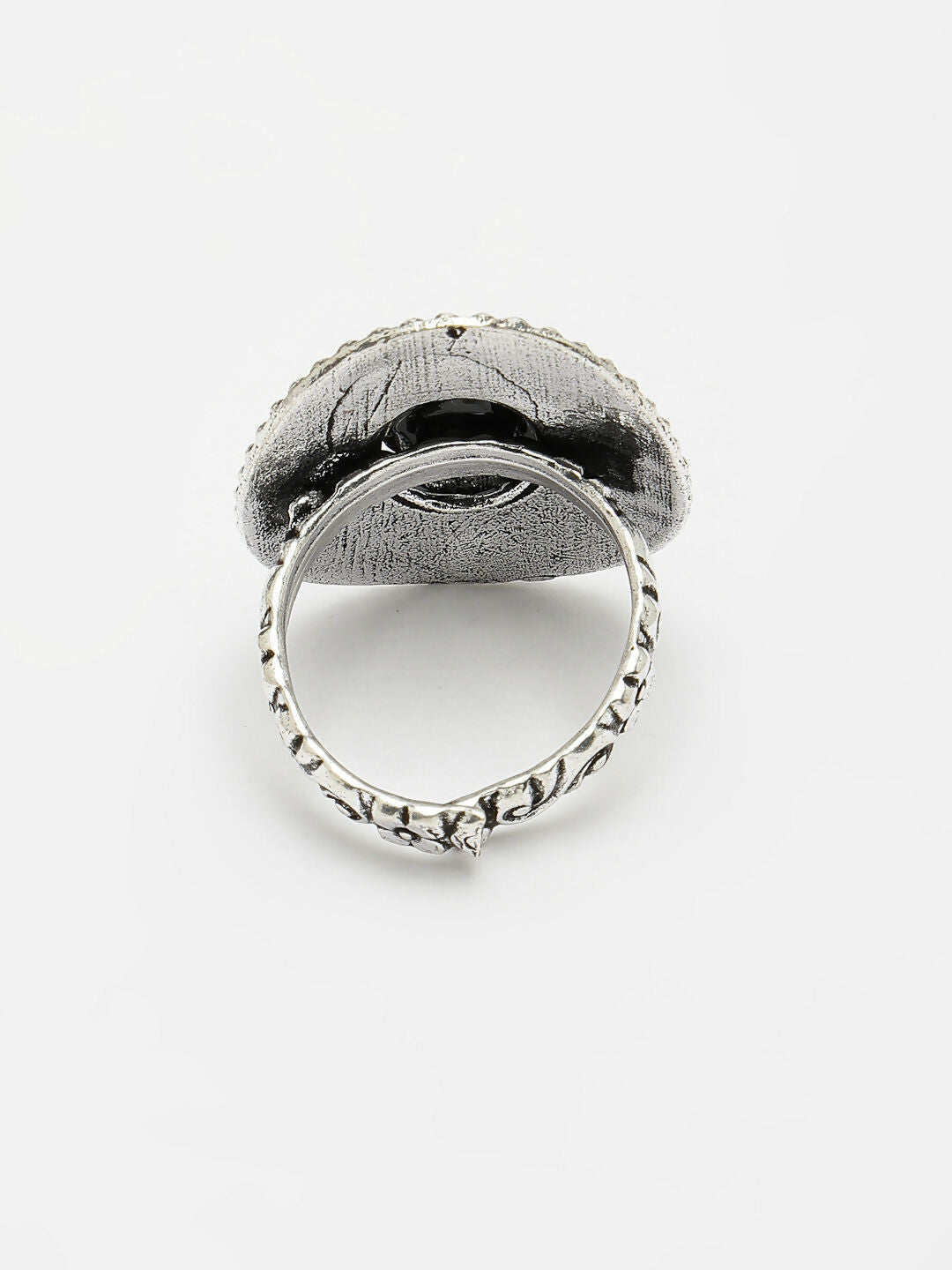 NVR Women's Black Silver-Toned German Silver Adjustable Finger Ring