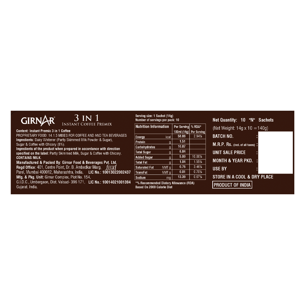 Girnar Instant Premix 3 In 1 Coffee - Distacart