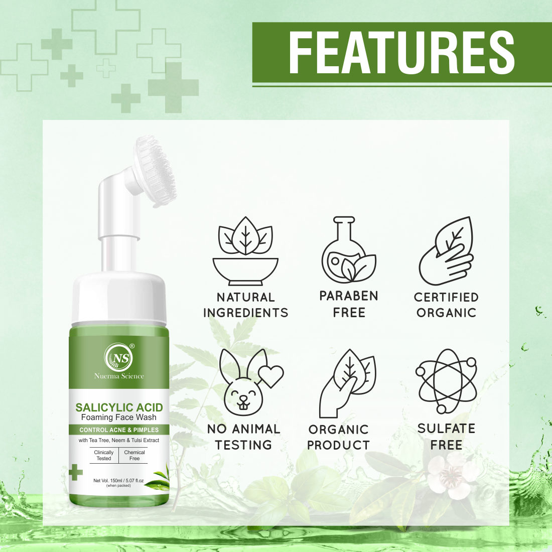 Nuerma Science Salicylic Acid Foaming Face Wash | Controls Acne & Pimples with Tea Tree, Neem & Tulsi Extract