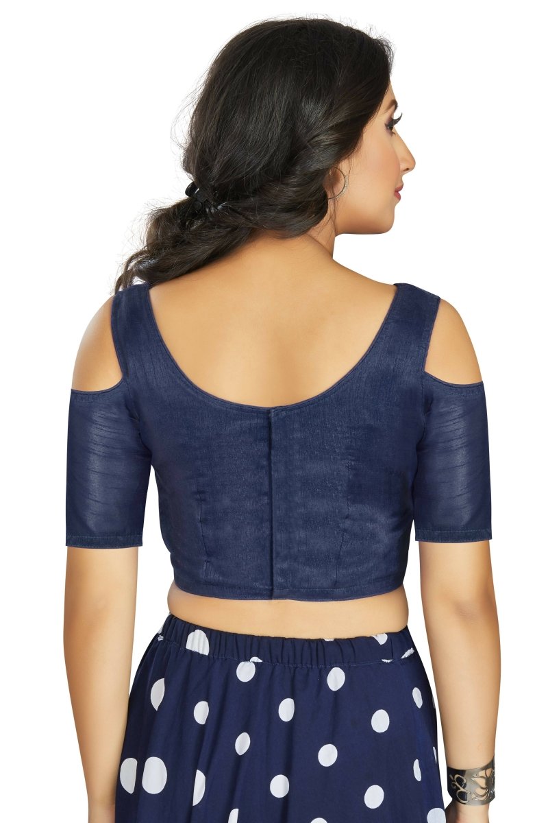 Aastha Fashion Women's Navy Blue Art Silk Cold Shoulder Sleeve Readymade Blouse
