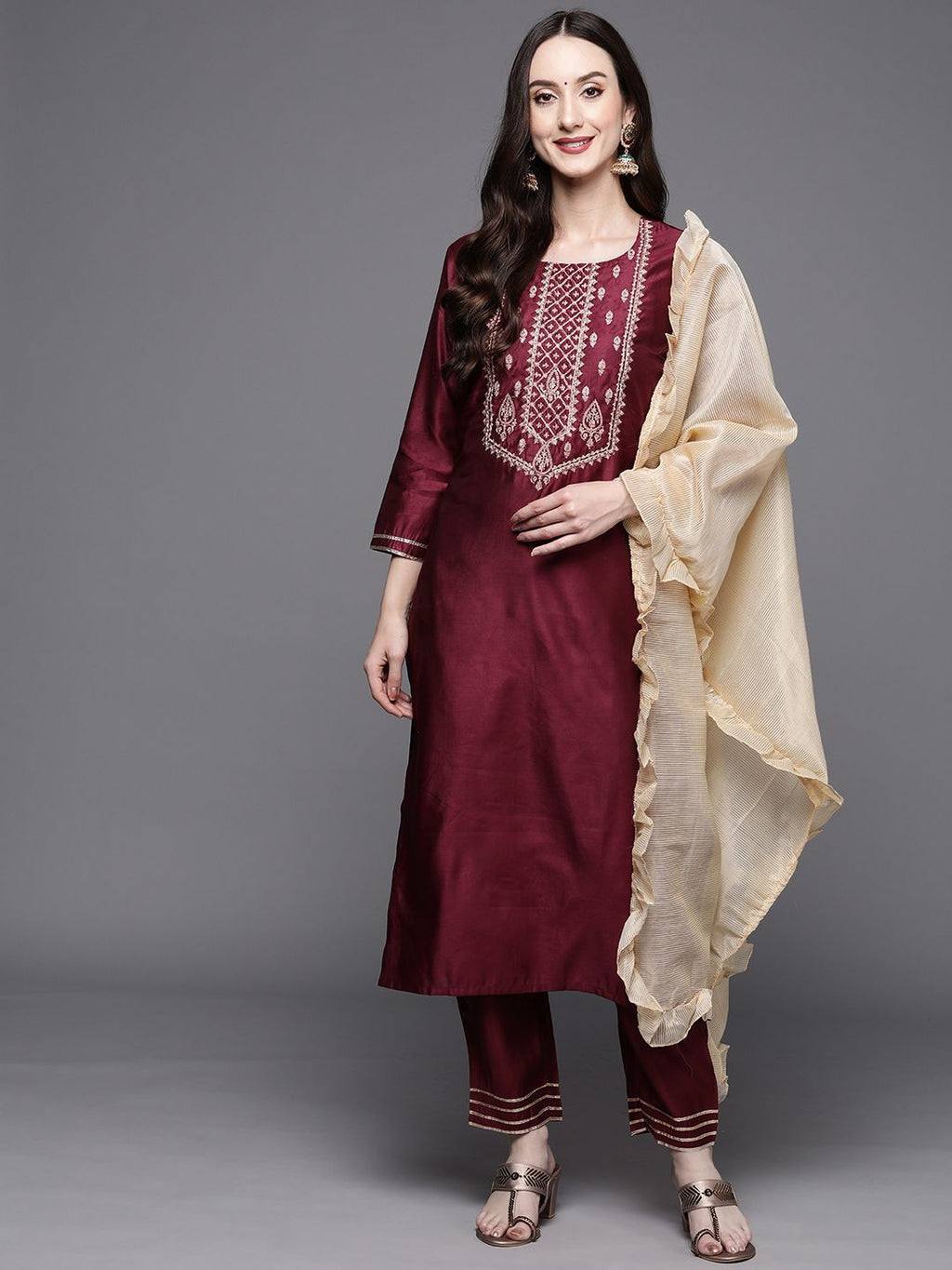 Indo Era Women Magenta Ethnic Motifs Embroidered Kurta with Trousers & With Dupatta - Distacart