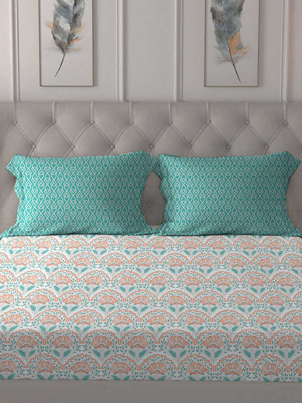 MYTRIDENT Orange Blue Ethnic Motifs Pure Cotton 120 TC Queen Bedsheet With 2 Pillow Covers