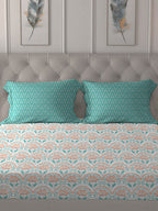 MYTRIDENT Orange Blue Ethnic Motifs Pure Cotton 120 TC Queen Bedsheet With 2 Pillow Covers