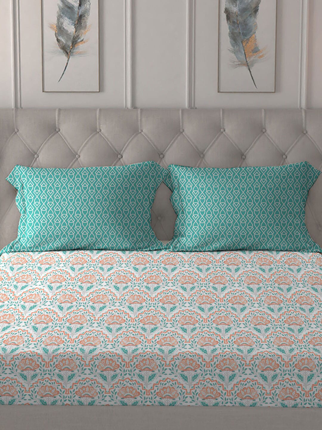 MYTRIDENT Orange Blue Ethnic Motifs Pure Cotton 120 TC Queen Bedsheet With 2 Pillow Covers