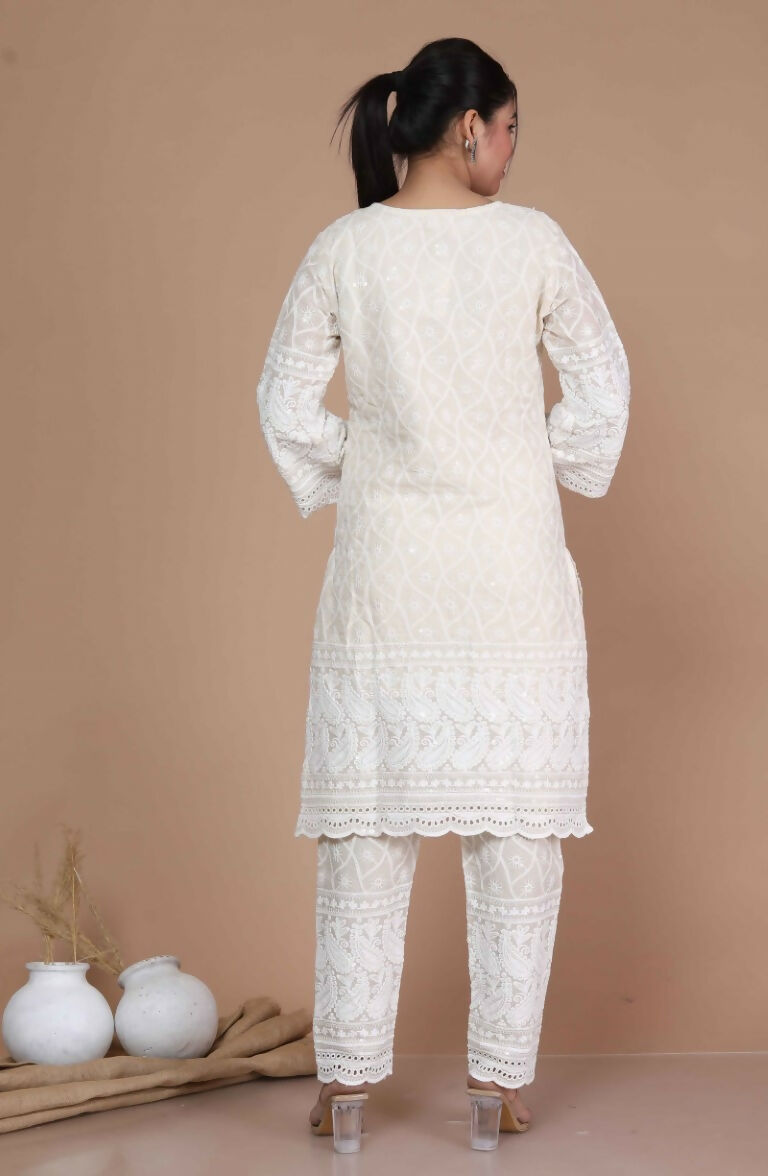 Miravan Women's Chikankari Cream Kurti Palazzo With Dupatta