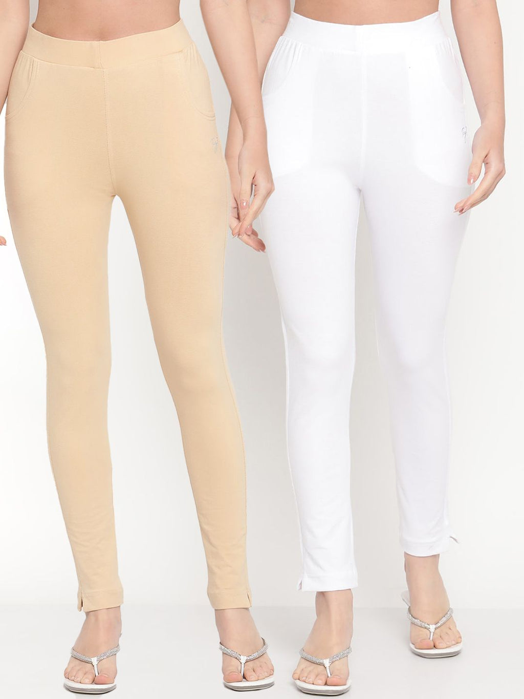 TAG 7 Set Of 2 Beige & White Solid Leggings