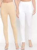TAG 7 Set Of 2 Beige & White Solid Leggings