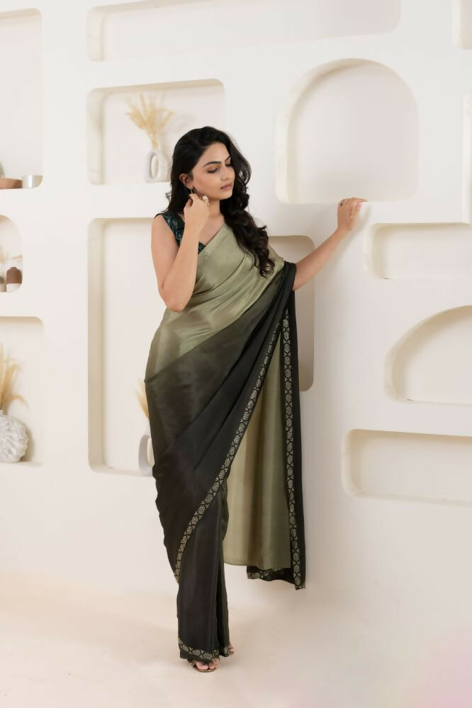 Grey Satin Pedding Designer, Printed Party Wear Ready To Wear Saree - Femina