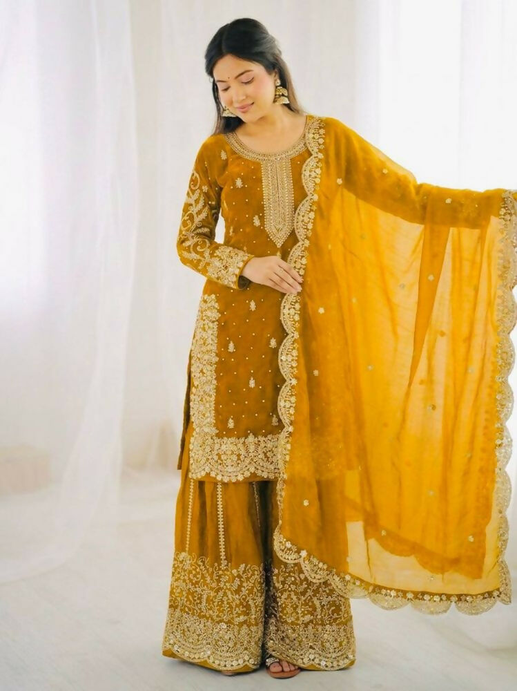 Teeya Creation Yellow Color Fendy Silk Embroidery Work Wedding Wear Salwar Suit - Distacart