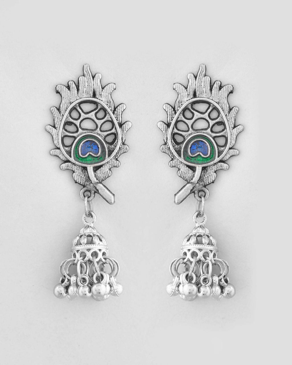 VOJ Silver Plated Oxidized Kanha Shape Long Necklace with Earring Set