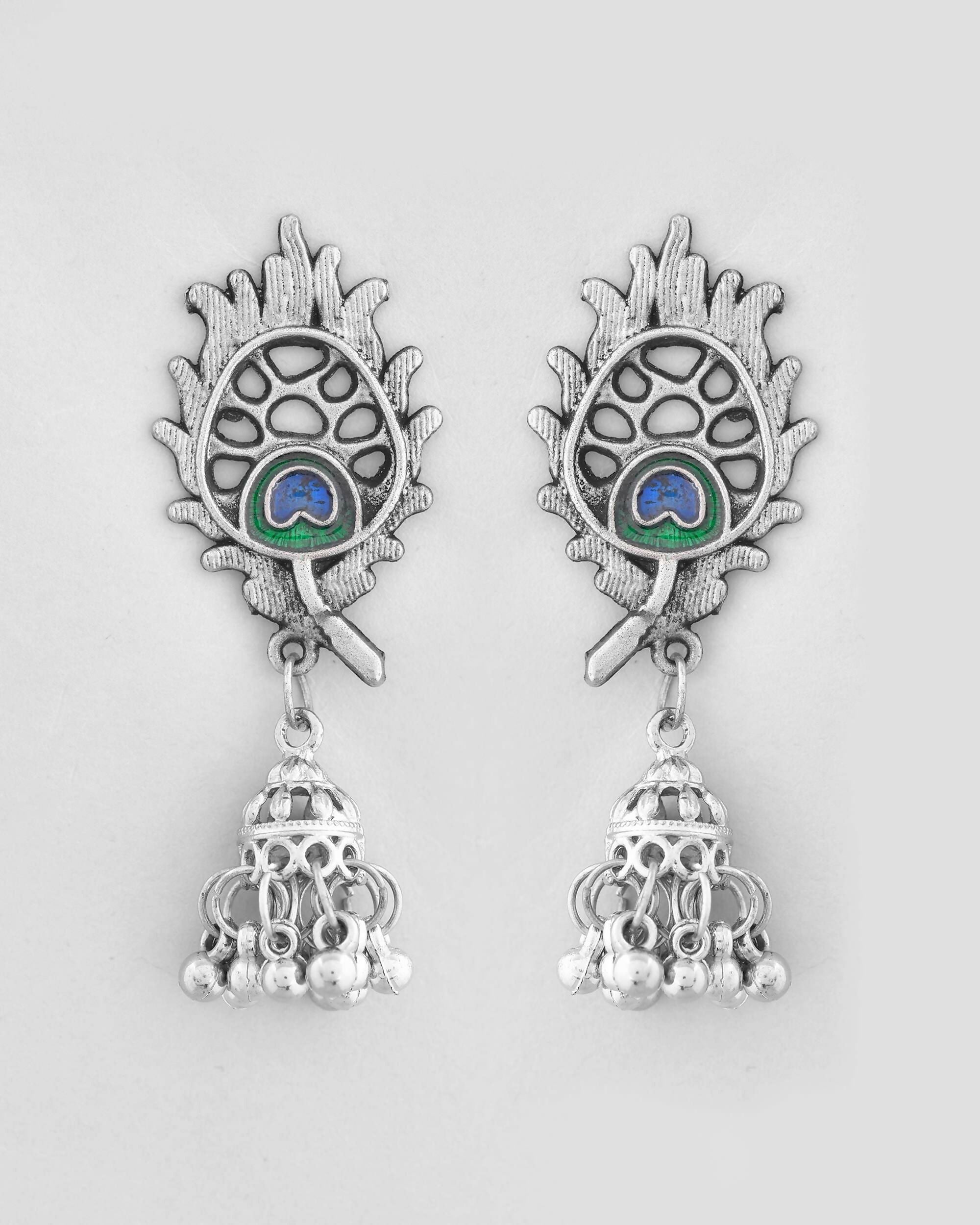 VOJ Silver Plated Oxidized Kanha Shape Long Necklace with Earring Set