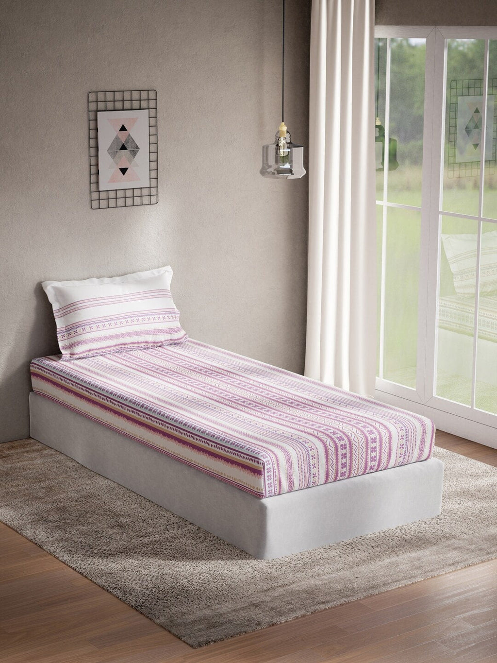 DDecor Purple & White Ethnic Motifs 144 TC Cotton Single Bedsheet with 1 Pillow Cover