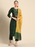 Sangria Women Green Ethnic Motifs Embroidered Pure Cotton Kurta with Trousers & With Dupatta