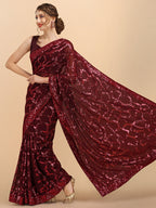 Sangria Burgundy Sequinned Pure Georgette Heavy Work Saree - Distacart