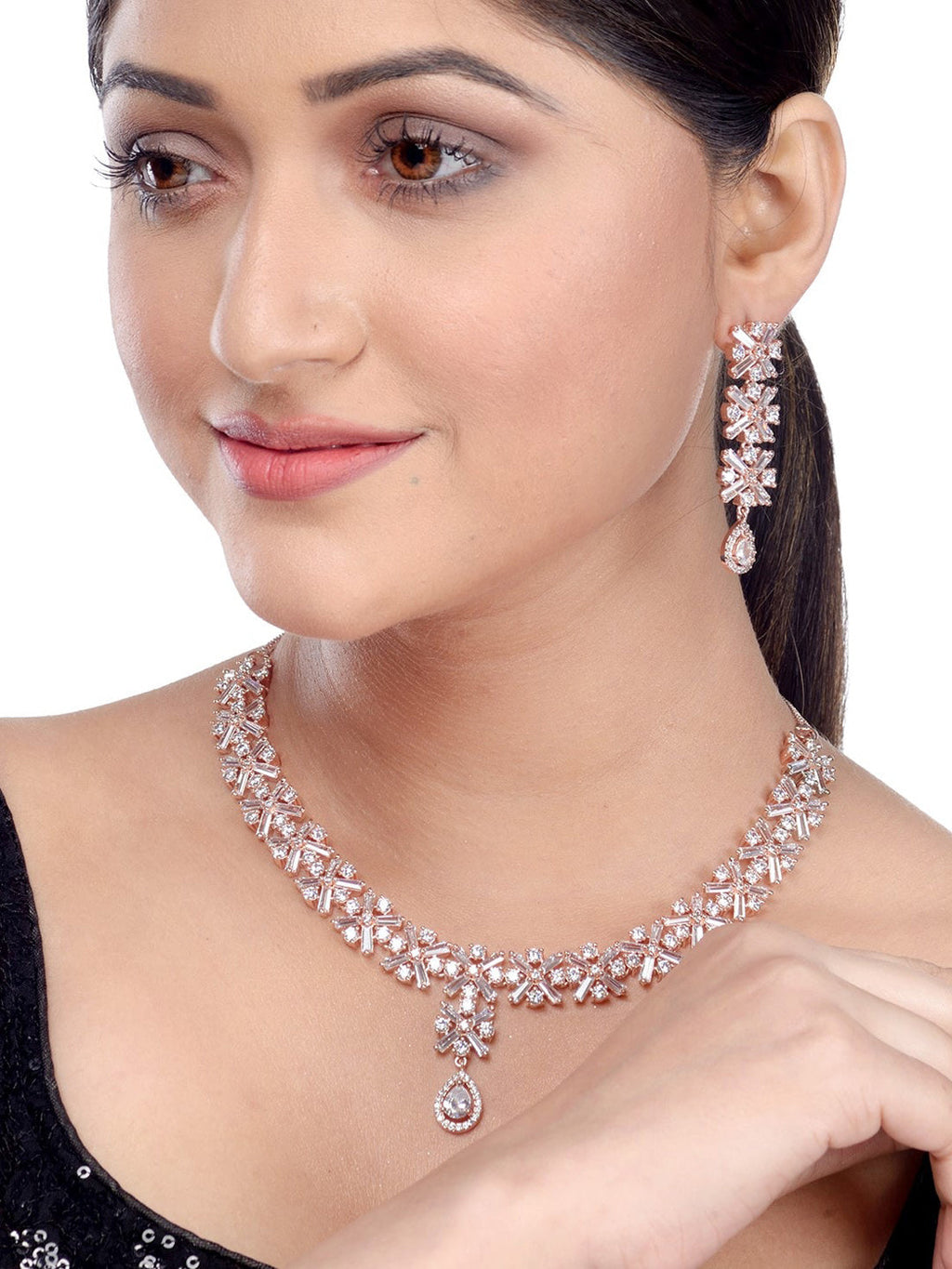 Saraf RS Jewellery Rose Gold-Plated American Diamond Studded Handcrafted Jewellery Set - Distacart