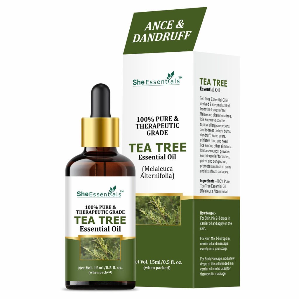 She Essentials Tea Tree Essential Oil For Active Acne & Pimples, Blemishes & Flakes, Organic & Pure