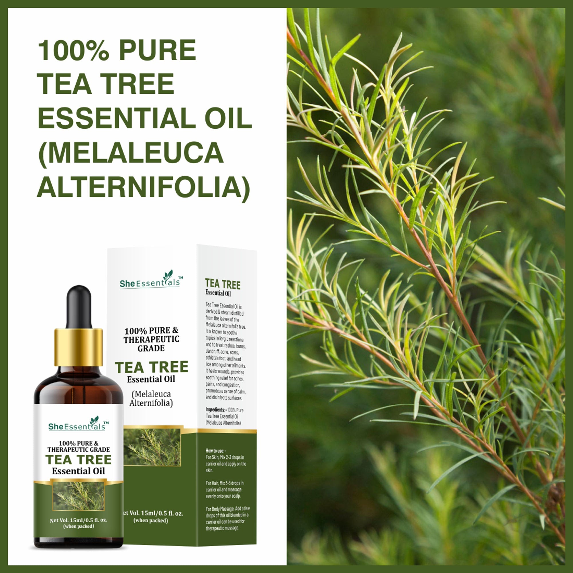 She Essentials Tea Tree Essential Oil For Active Acne & Pimples, Blemishes & Flakes, Organic & Pure