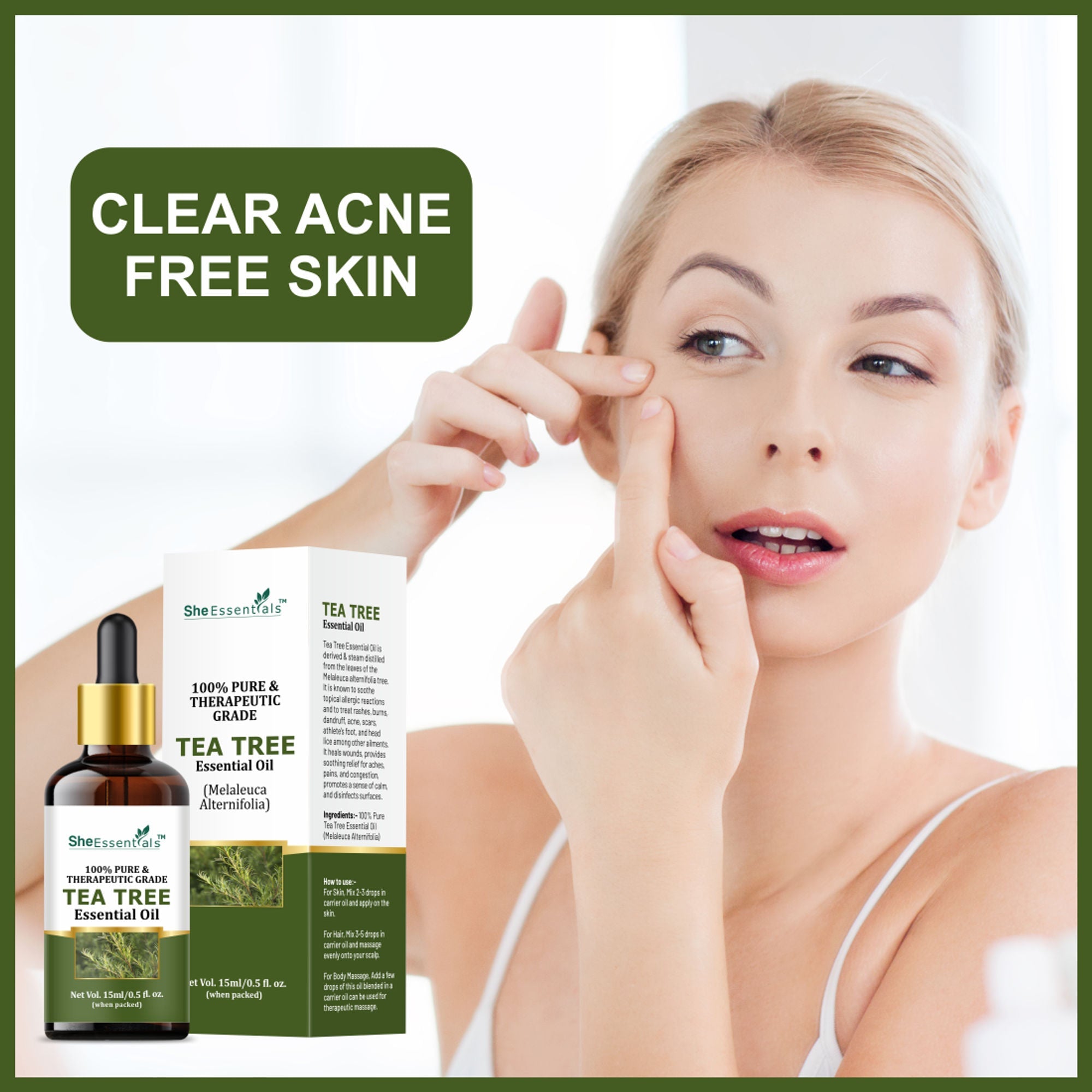 She Essentials Tea Tree Essential Oil For Active Acne & Pimples, Blemishes & Flakes, Organic & Pure