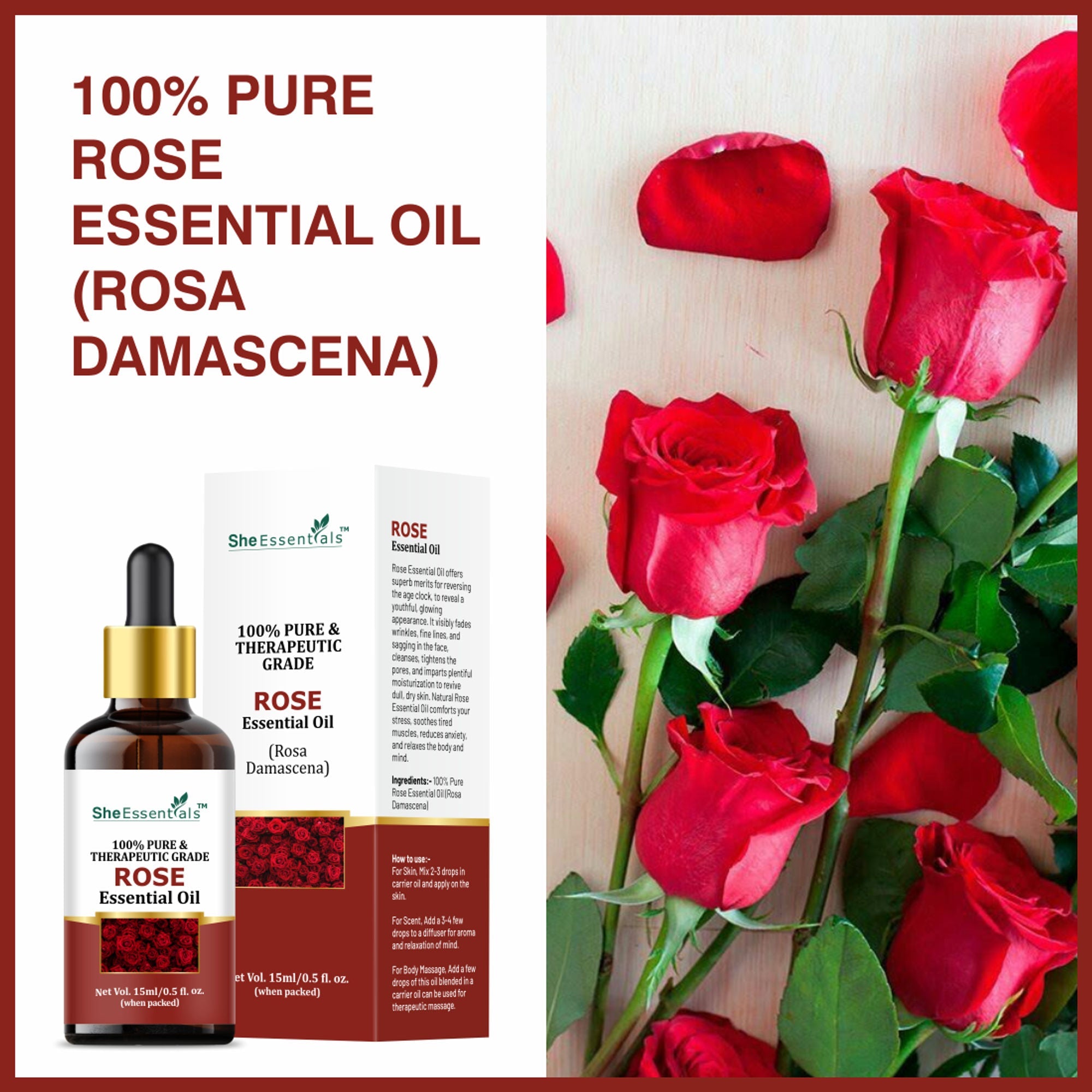She Essentials Rose Essential Oil For Glowing & Brightening Skin - 100% Natural
