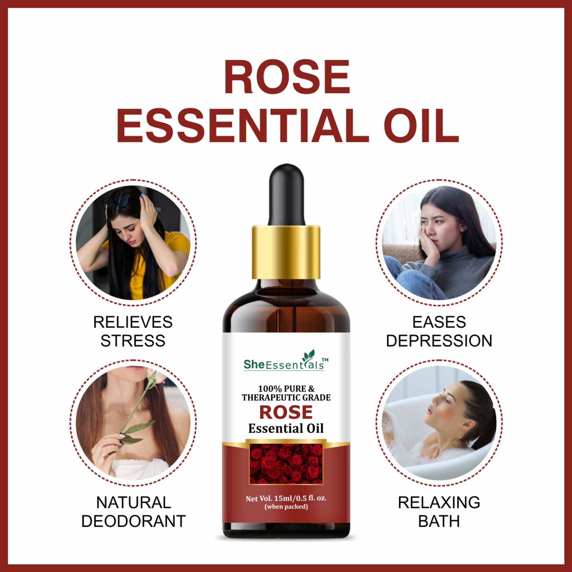 She Essentials Rose Essential Oil For Glowing & Brightening Skin - 100% Natural