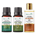 She Essentials Rosemary Essential Oil, Tea Tree & Almond Carrier Oil - Hair Growth & Acne