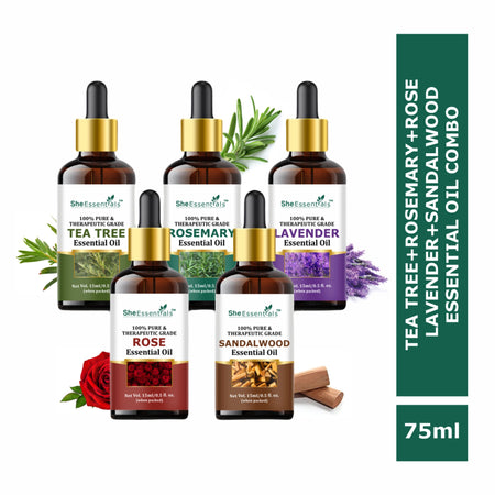 She Essentials Rosemary, Teatree, Rose, Lavender & Sandal Essentials Oil (Set Of 5)