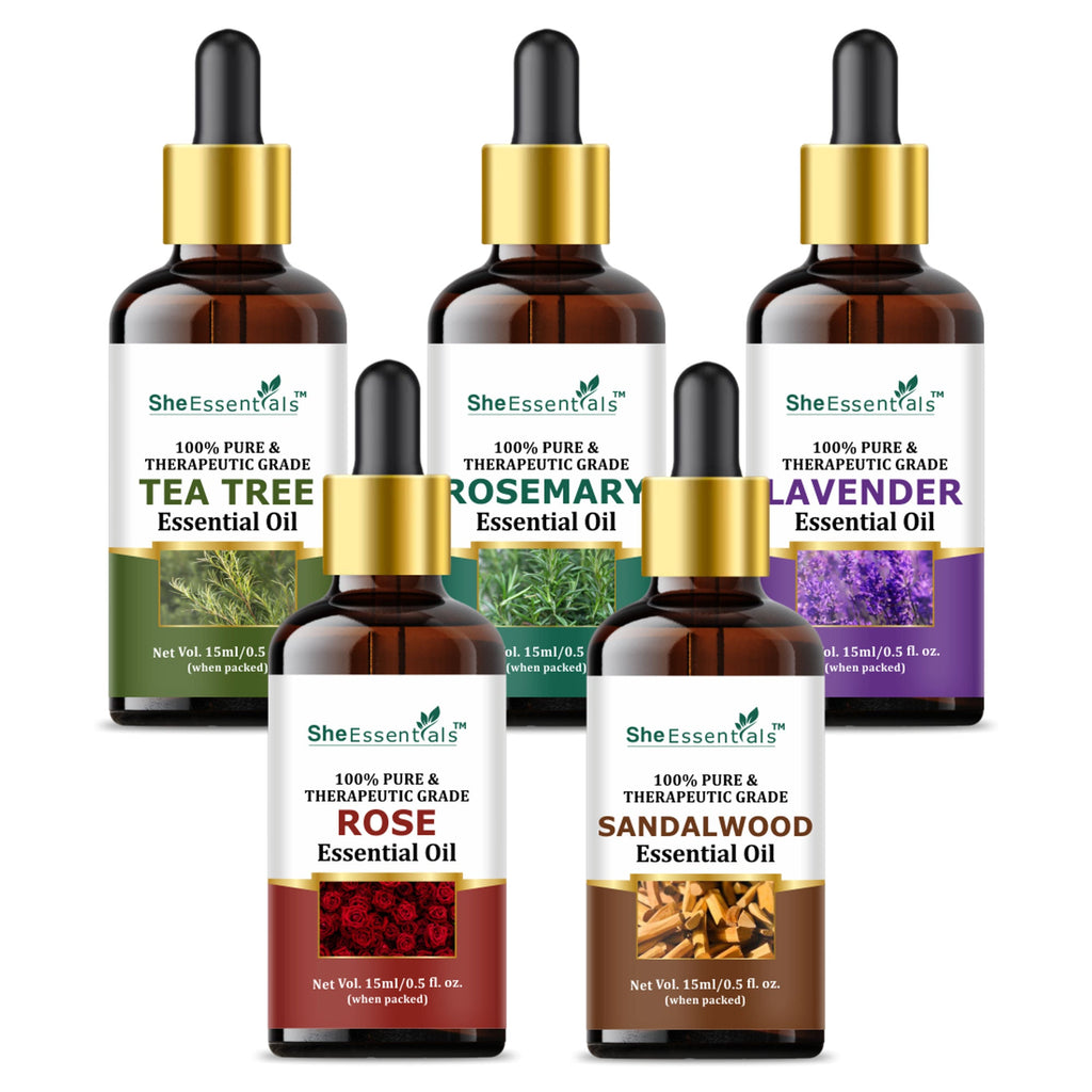She Essentials Rosemary, Teatree, Rose, Lavender & Sandal Essentials Oil (Set Of 5)
