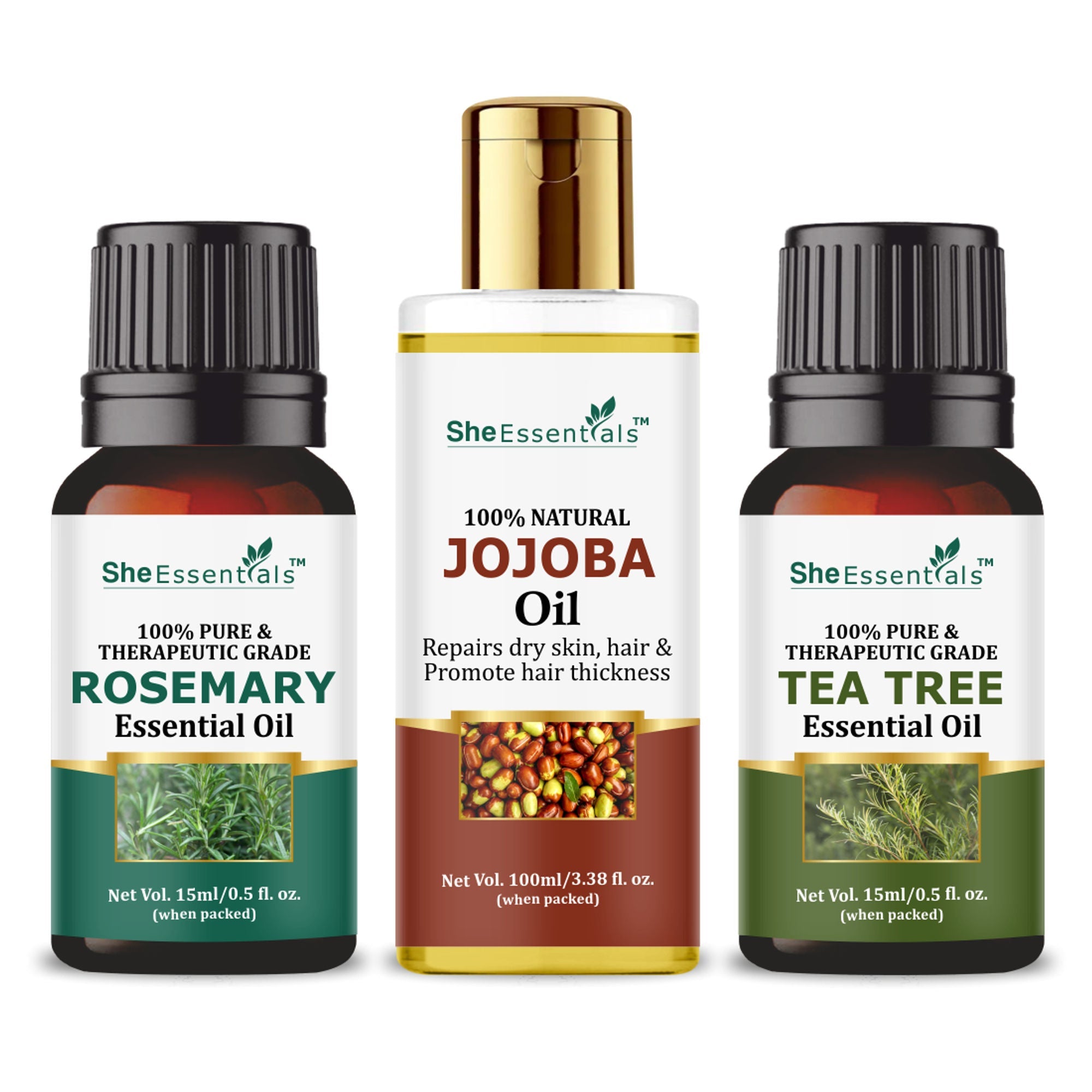 She Essentials Rosemary, Jojoba & Tea Tree Essential Oil For Hair Growth, Acne & Dandruff