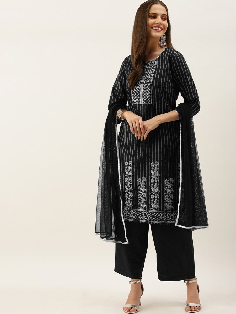 All About You Women Black & Grey Striped Keyhole Neck Kurta with Palazzos & Dupatta